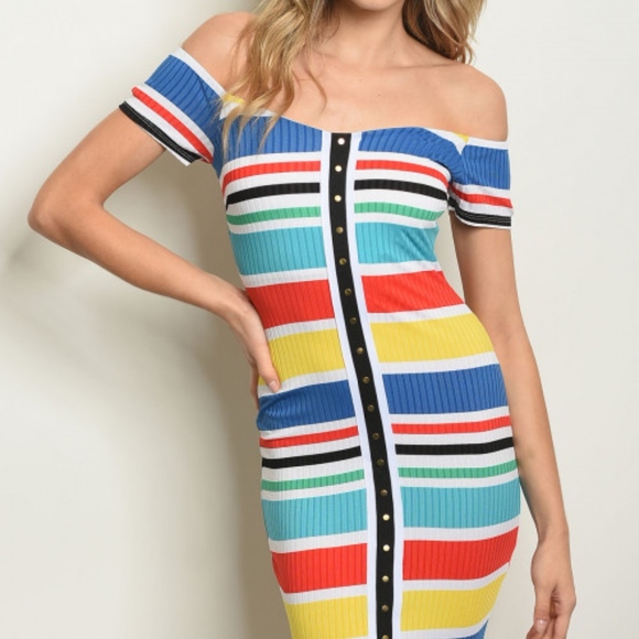 GIRLY & FLIRTY OFF SHOULDER RAINBOW STRIPE DRESS - Picture 2 of 3